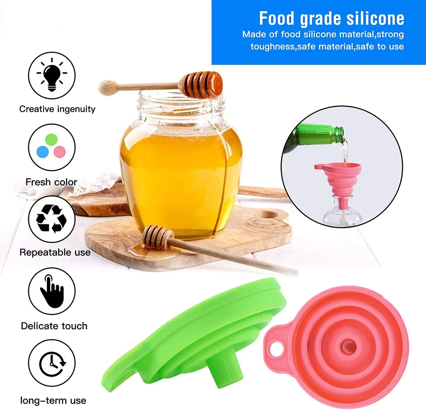 3 pc Silicone Collapsible Foldable Funnel  Household Kitchen Cooking Tools Portable Wine Mini Portable Oil Pot Funnel