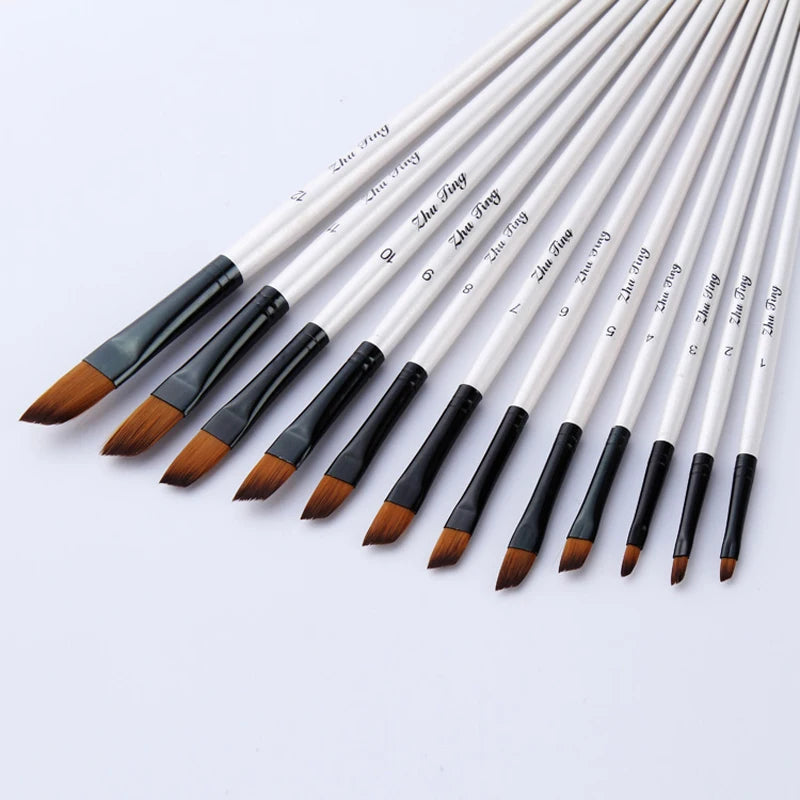 12 Pcs/set Nylon Hair Wooden Handle Watercolor Paint Brush Pen Set Learning DIY Oil Acrylic Painting Art Paint Brushes Supplies