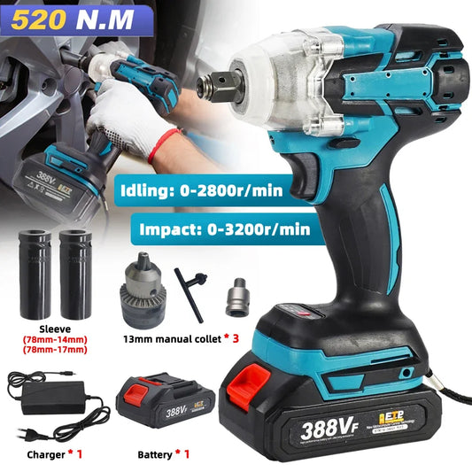 520N.m Cordless Electric Impact Wrench Brushless Electric Wrench Hand Drill Socket Power Tool For Makita 388V Battery