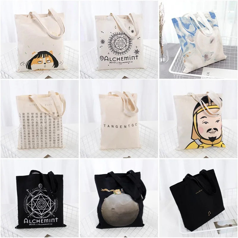 Large Capacity Canvas Shopping Bags Folding Eco-Friendly Cotton Tote Bags Reusable DIY Shoulder Bag Grocery Handbag Beige White