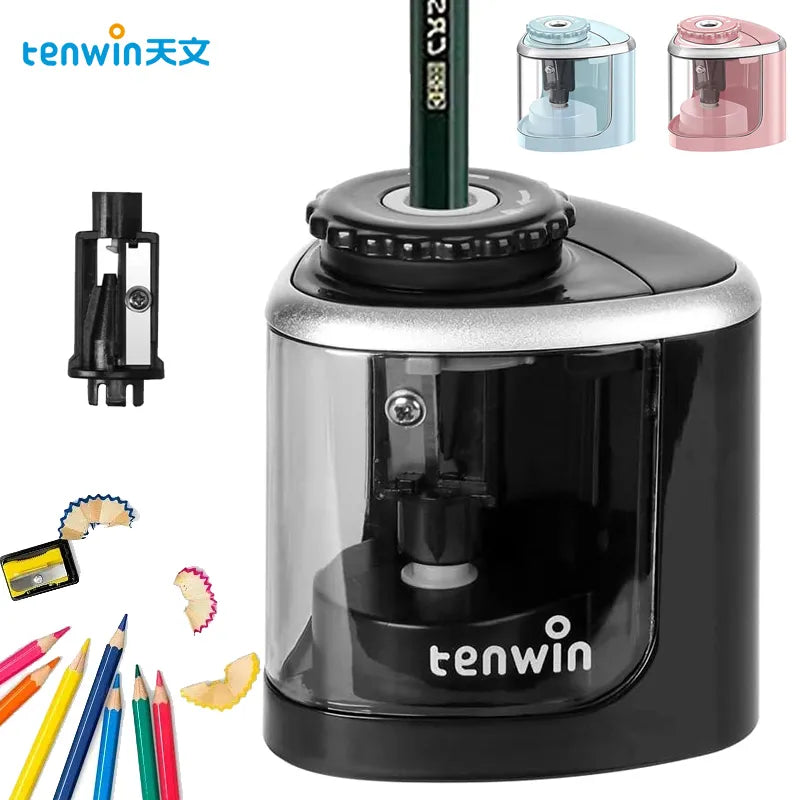 Tenwin Electric Auto Pencil Sharpener Safe Student Helical Steel Blade Sharpener for Artists Kids Adults Colored Pencils
